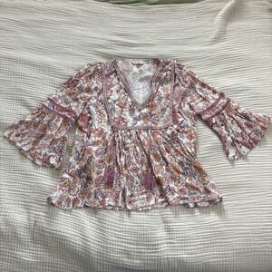 POL Boho Top Womens Size Small Floral Bell Sleeve Bohemian Tassels Peasant